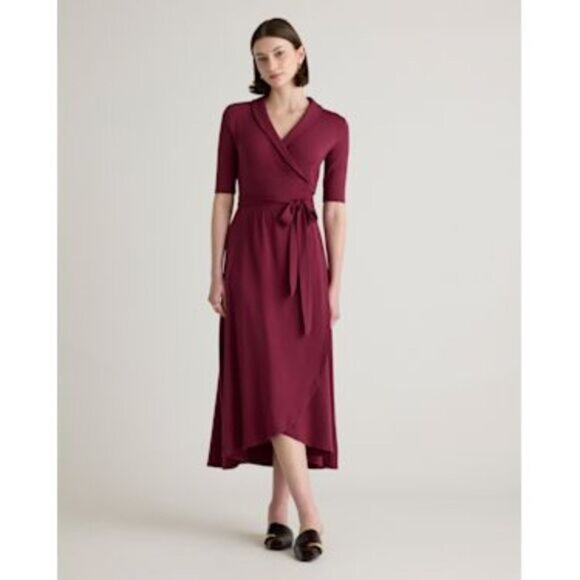 Quince Dresses & Skirts - NWT Quince Tencel Jersey Midi Wrap Dress Wine Basic Sleeved Small Classic